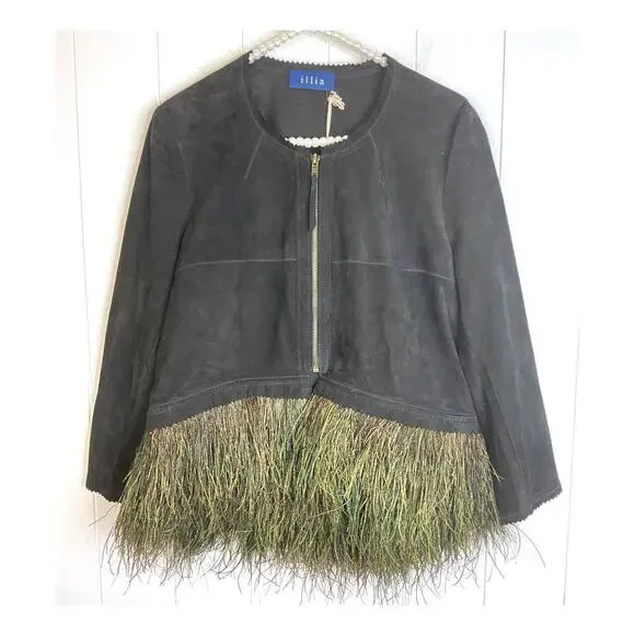 Illia Black Suede Jacket with Ostrich Feather Hem Size 6 NWT - Picture 1 of 8